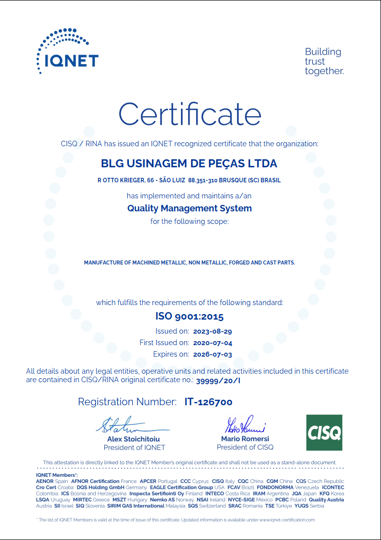 Certificado ISO 9001:2015 BLG USINAGEM